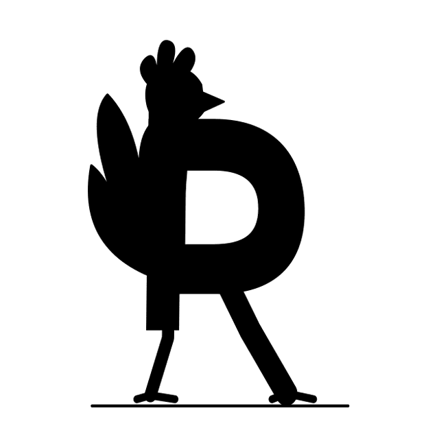 Astra's animation of the R as a strutting rooster.