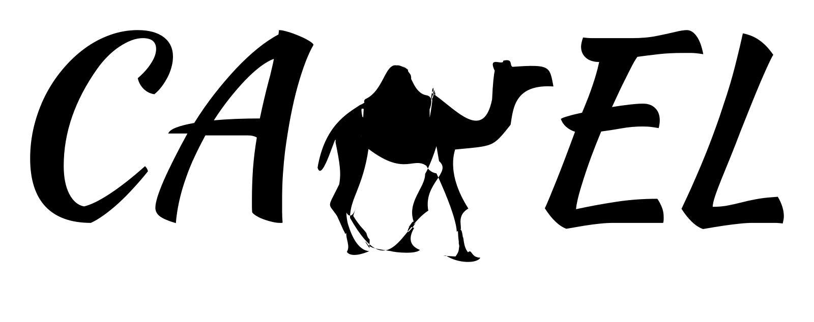 The word CAMEL, with the M animated as a camel walking steadily across the desert.
