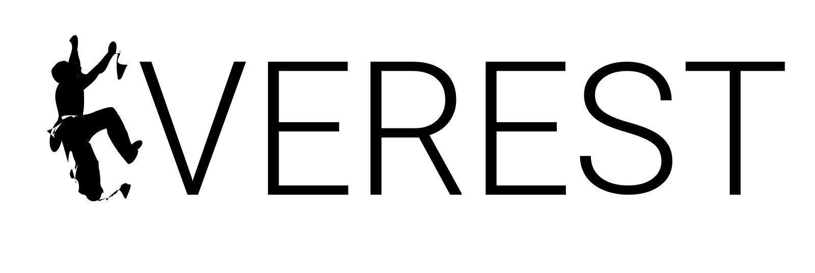The word EVEREST, with the first E animated as a rock climber on a wall, three limbs holding and one reaching.
