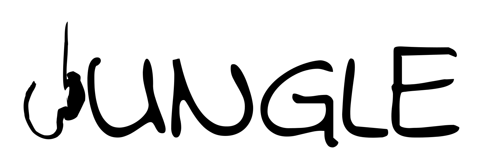 The word JUNGLE, with the J animated as a monkey hanging by its tail and swinging gently.