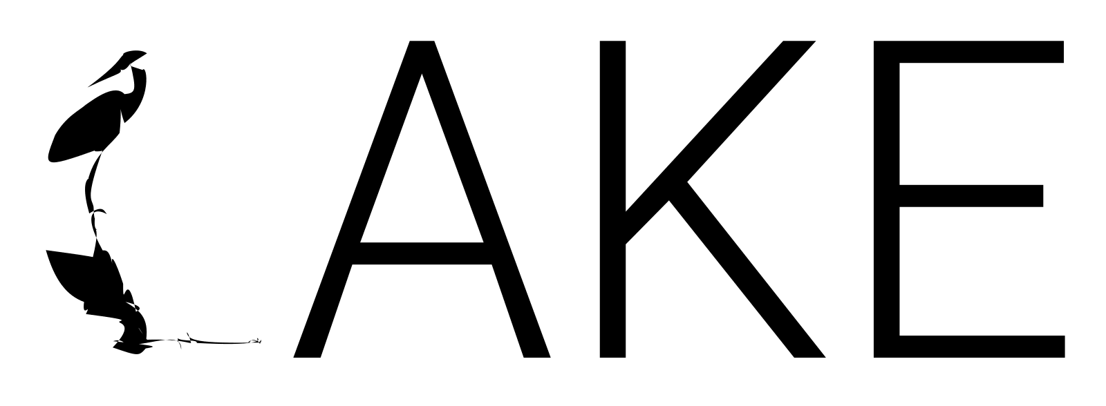 The word LAKE, with the L animated as a heron standing on water, its legs planted.