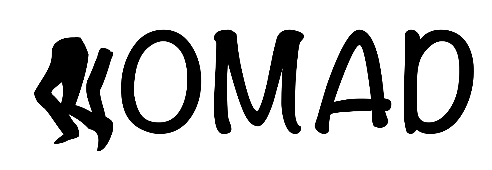 The word NOMAD, with the N animated as a walker striding, legs swinging forward and back.