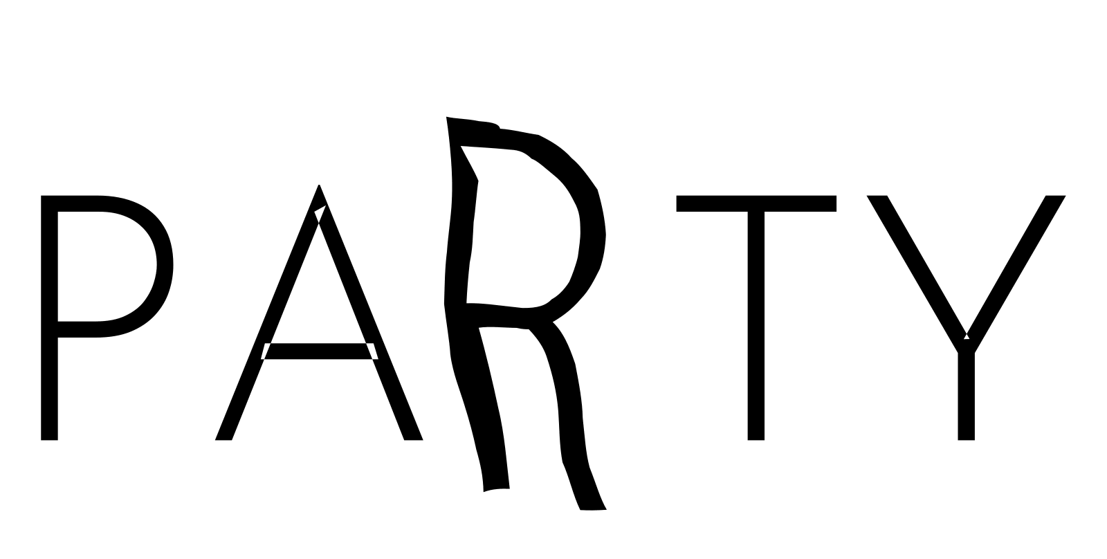 The word PARTY, with the R animated as an excited puppy bouncing, the letter itself left unreshaped.