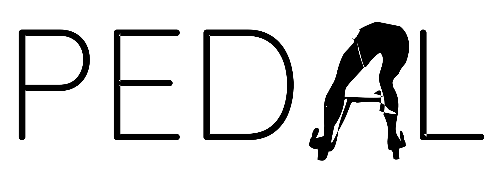 The word PEDAL, with the A animated as a cyclist standing on the pedals, legs pumping alternately.