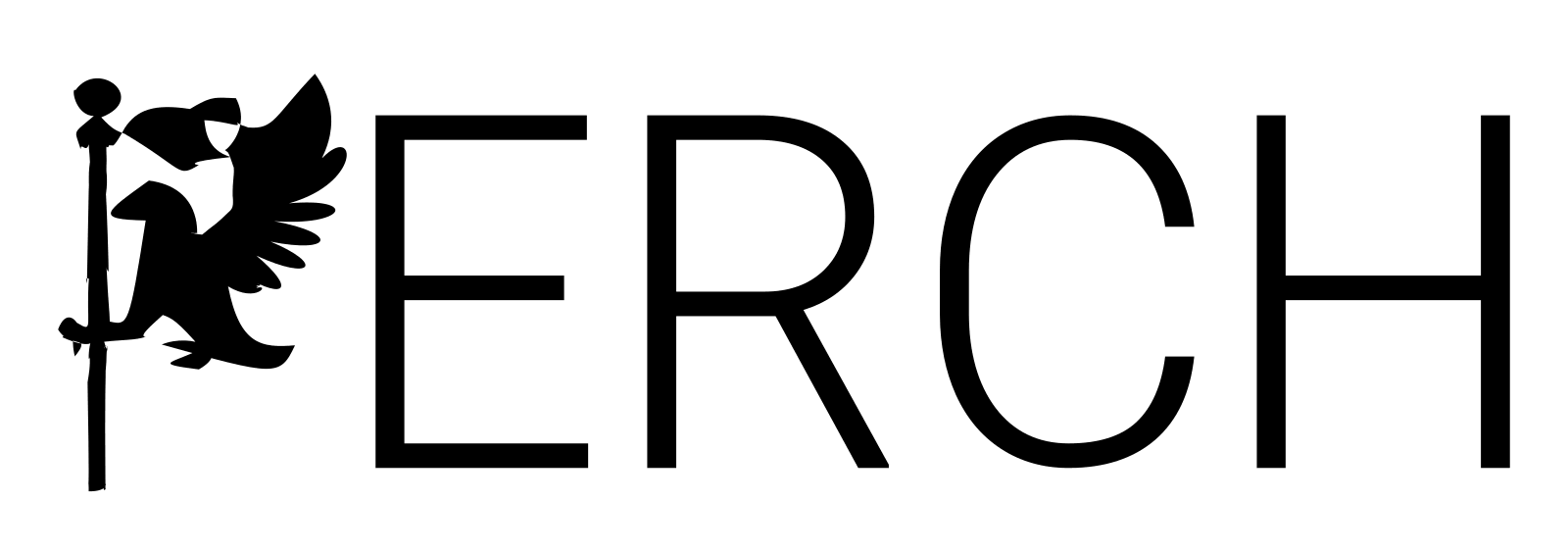 The word PERCH, with the P animated as a griffin perched on a banner pole, its wings settling.