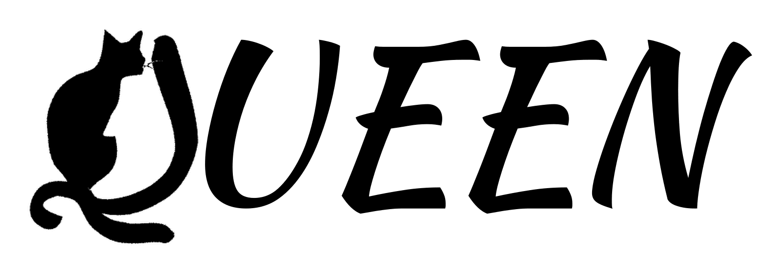 The word QUEEN, with the Q animated as a seated cat flicking its tail.