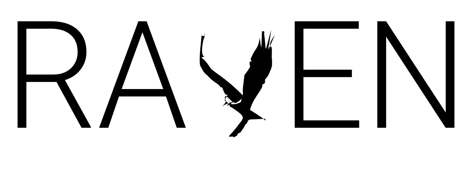 The word RAVEN, with the V animated as a bird beating both wings through deep strokes.