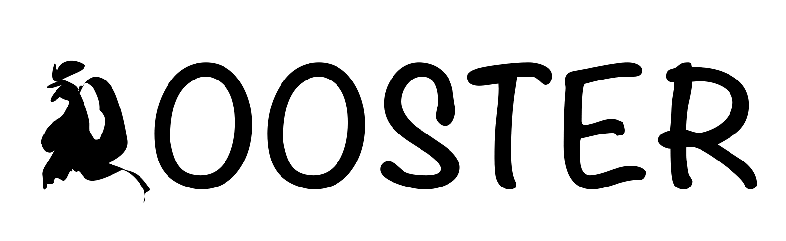 The word ROOSTER, with the R animated as a rooster strutting and bobbing its head.