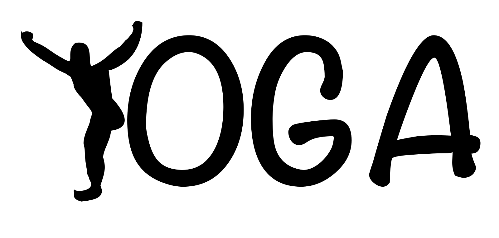 The word YOGA, with the Y animated as a figure raising both arms overhead and lowering them.